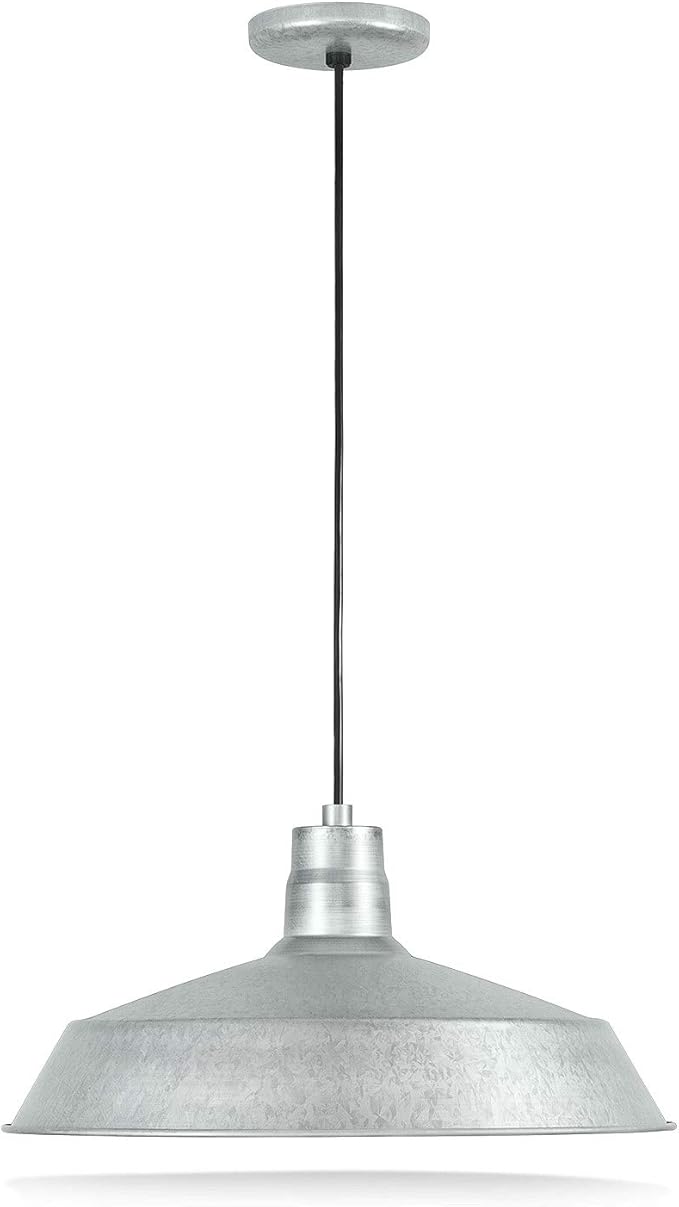 17-inch Industrial Galvanized Pendant Barn Light Fixture with 10ft Adjustable Cord, Ceiling-Mounted Vintage Hanging Light Fixture for Indoor Use, 120V Hardwire, E26 Base LED Compatible, UL Listed