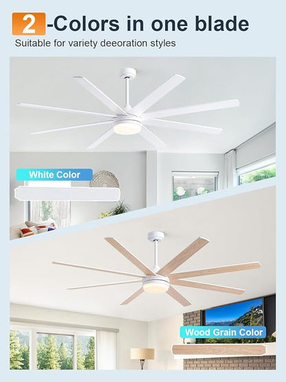 YUHAO 72 Inch White Ceiling Fan with Light and Remote Control.Noiseless,Dimmable,3CCT,6 Speeds Reversible, DC Ceiling Fans for Indoor or Covered Outdoor Use.ETL Listed