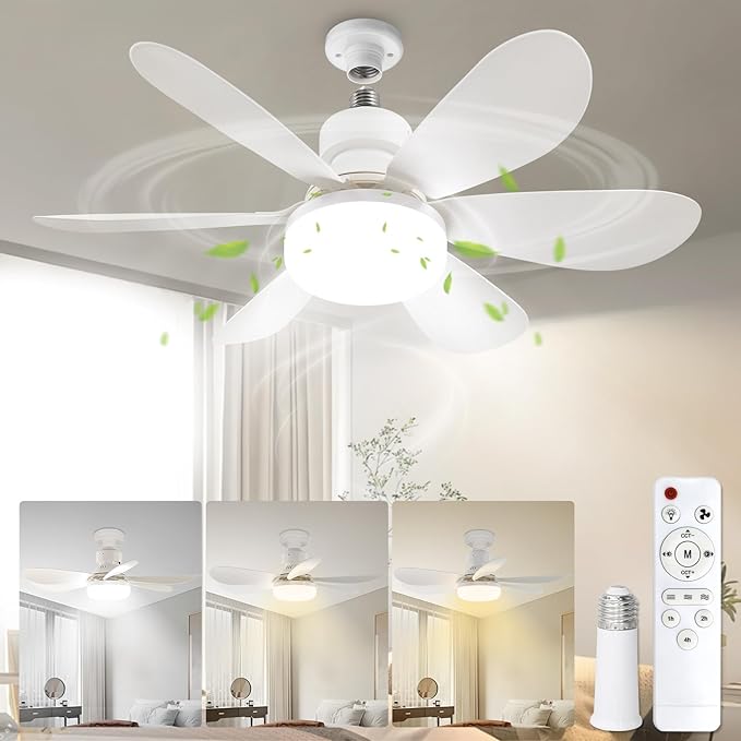 Socket Fan Light with Remote, Portable Small Ceiling Fans with Lights Bulb for Bedroom, Kitchen, Living Room, 20" Screw in Ceiling Fan in Light Socket for E26 Base 40W/3000K-6000K Dimmable