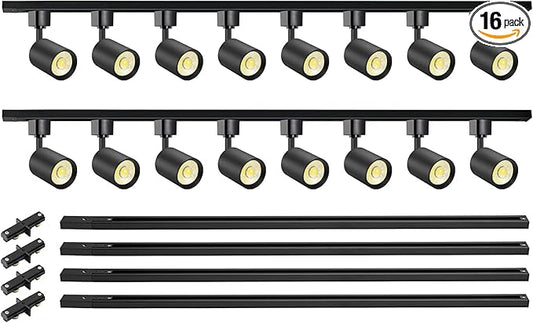 VANoopee 16-Light LED Track Lighting Kit with 13FT H Type Track Rails, Dimmable Track Light Heads Bright Ceiling Spotlight Fixture for Kitchen Accent Art, 3000K Warm White, No Flicker 10W 800lm Black