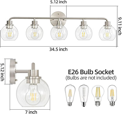 Bathroom Light Fixtures 5 Light Brushed Nickel Vanity Light Silver Modern Wall Sconces Lighting Bathroom Lights with Globe Glass Shade Bath Wall Lights for Mirror Kitchen Living Room Hallway 34.5"