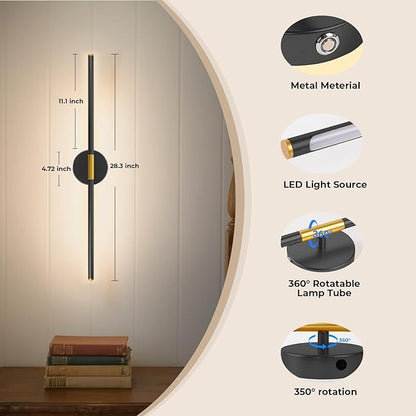 GvvooHome 28.3" Battery Operated Wall Sconces Set of 2, 360°Rotation Rechargeable Wall Lights with Remote Control, 3000K-6500K LED Detachable Wall Lamp for Bedroom, Hallway, Black Gold