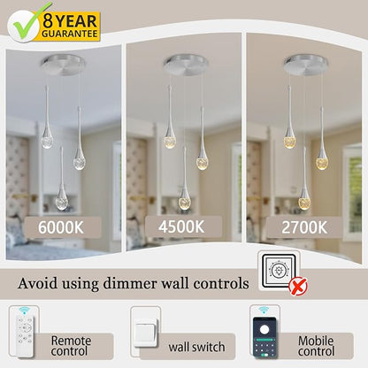ykolupty Pendant Lights Kitchen Island 3-Lights Silver Crystal Chandelier for Dining Room Hallway Stairwell,LED Dimmable 2700K-6000K