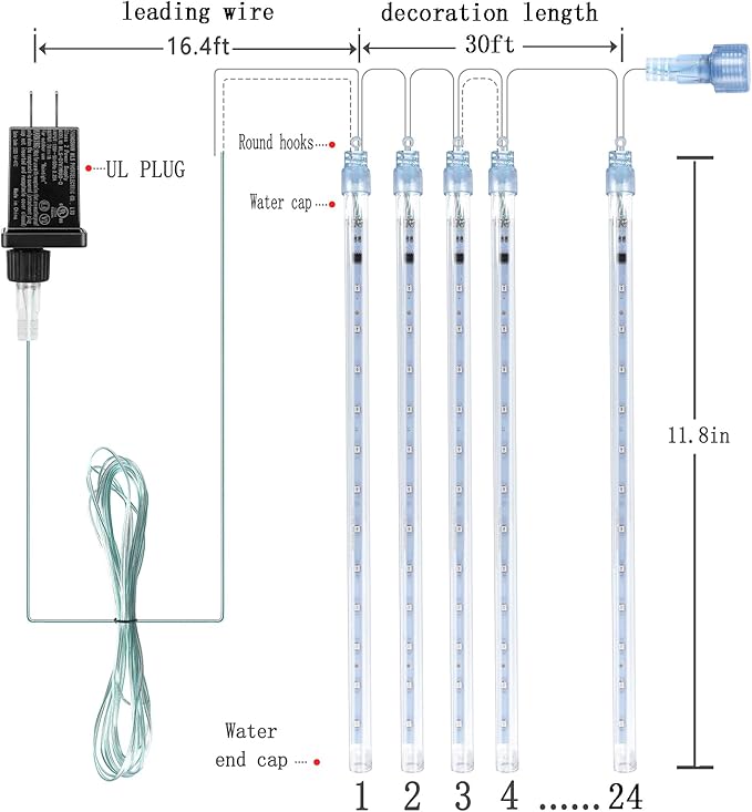 Kwaiffeo Icicle Lights Outdoor, 24 Tubes(Equivalent to Pack of 3 8-Tube) Meteor Shower Lights for Xmas Halloween Decorations Yard Party Tree, Multi Color(Purple Blue Green White)