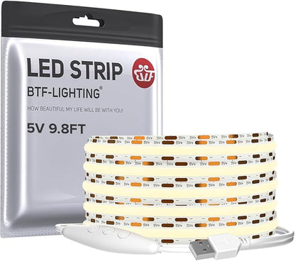 BTF-LIGHTING FCOB COB FOB LED Strip Lights 5V USB Powered 9.8FT 960LEDs Natural White 4000K 8mm Width Dimmable CRI 90+ with 3M Tape Flexible High Density for 3D Printer TV Backlight PC DIY Decor