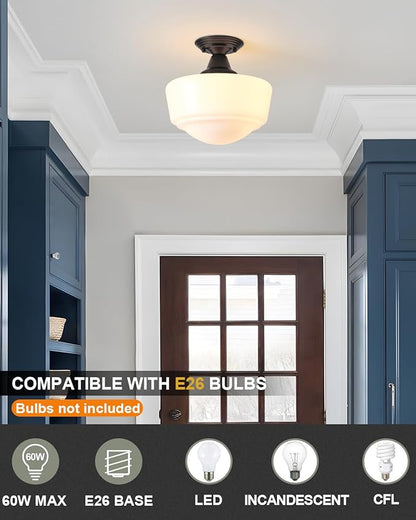 Schoolhouse Light Fixture, 12 Inch Black Finish with Milk Glass Semi Flush Mount Ceiling Light, Ceiling Light Fixture for Kitchen Hallway Entryway