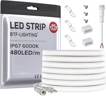 BTF-LIGHTING FCOB COB LED Strip IP67 Waterproof Flexible High Density Uniform Diffused Neon Light 16.4FT DC24V Cool White 6000K 480LED/m CRI 90+ for Indoor Decor(No Adapter or Controller)