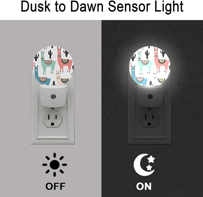 Pink Green White Llama Alpaca Plug in Night Light Auto Light Round Lamps Energy Saving Gift for Women Men Friends