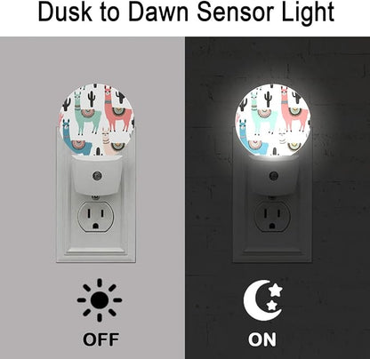 Pink Green White Llama Alpaca Plug in Night Light Auto Light Round Lamps Energy Saving Gift for Women Men Friends
