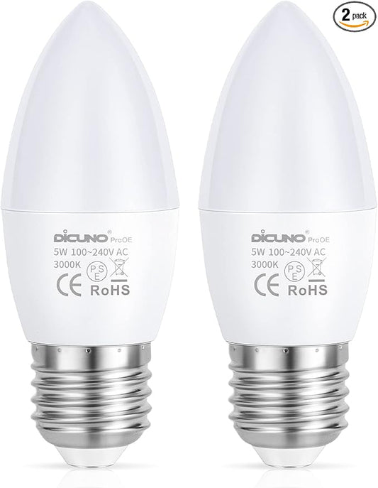 DiCUNO ProOE Eye-Protected E26 LED Bulb, High CRI 98, 5W E26 Candle Bulb, Warm White 3000K, C37 40W Halogen Equivalent Decorative Light Replacement for Chandelier, Non-dimmable 2 Pack