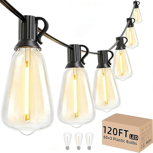 Svater Outdoor String Lights 120 FT ST38 Patio String Lights with 63 Waterproof Shatterproof LED Bulbs Connectable Lights for Outside Backyard Garden Porch