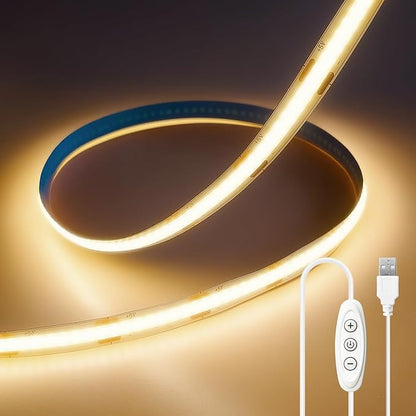 6.56FT/2M COB LED Strip Light, Warm White 3000K USB LED Tape Lights, 640LEDs CRI93+Flexible Dimmable Light Strip for TV Backlight, Cabinet Lighting, Mirror, Bedroom Decor