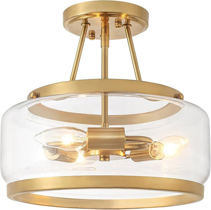Brushed Gold Modern Ceiling Light Semi Flush Mount Hallway Lights Entryway Chandelier 3-Light Drum Glass Bathroom Ceiling Lighting Fixtures for Kitchen Foyer Bedroom Laundry Dining Room