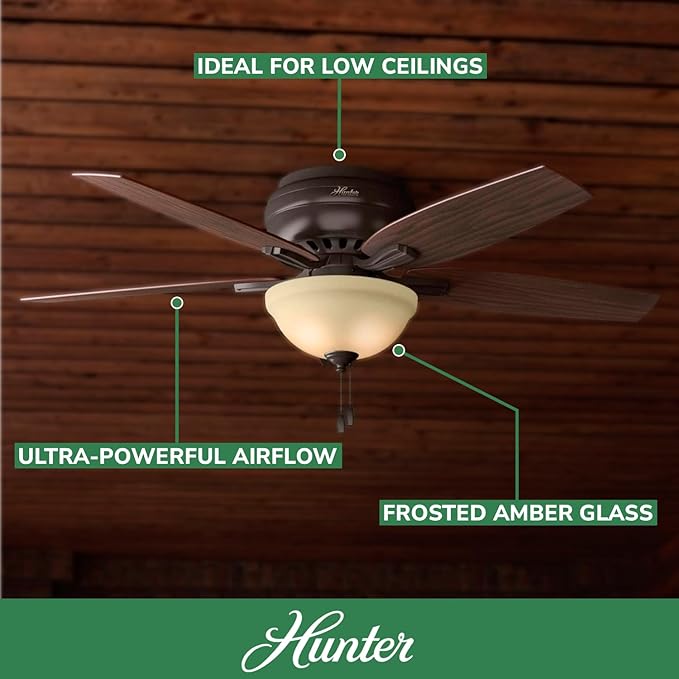 Hunter 52 inch Indoor Ceiling Fan with LED Light - Bronze Ceiling Fan with Pull Chain, For Bedroom or Living Room, Low Profile Flush Mount, No Remote, 5 Blades - Newsome 53314, Premier Bronze