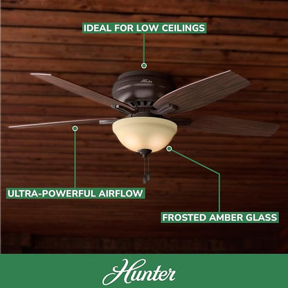 Hunter 52 inch Indoor Ceiling Fan with LED Light - Bronze Ceiling Fan with Pull Chain, For Bedroom or Living Room, Low Profile Flush Mount, No Remote, 5 Blades - Newsome 53314, Premier Bronze