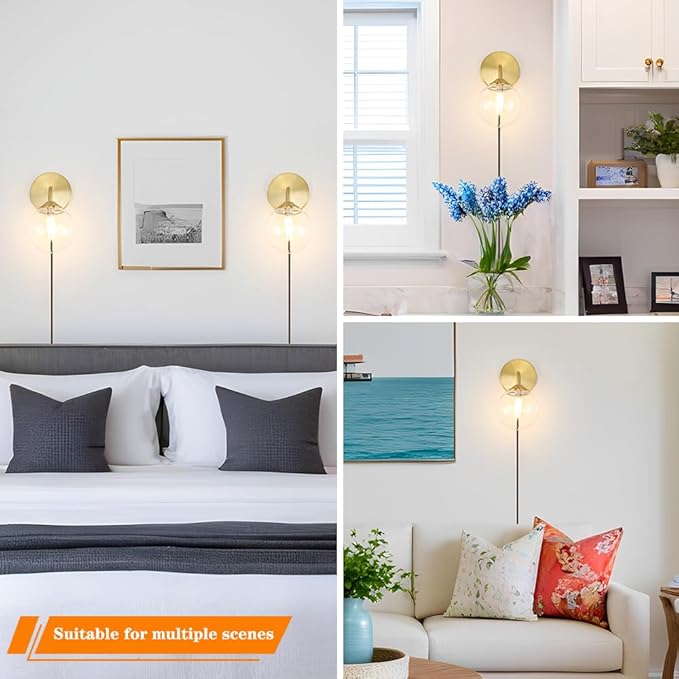 Gold Plug in Wall Sconces Set of 2, Mid Century Plug Sconce with Clear Globe Glass Lampshade, Brushed Art Deco Wall Light Fixture with Plug in Cord for Bedroom Living Room Hallway, G9 Bulbs