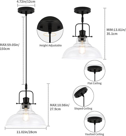 WILON Farmhouse Pendant Lights Kitchen Island Lighting, Black Pendant Light Over The Sink, Vintage Clear Glass Pendant Light, Industrial Hanging Light Fixture for Dining Room Over Table Bar Foyer