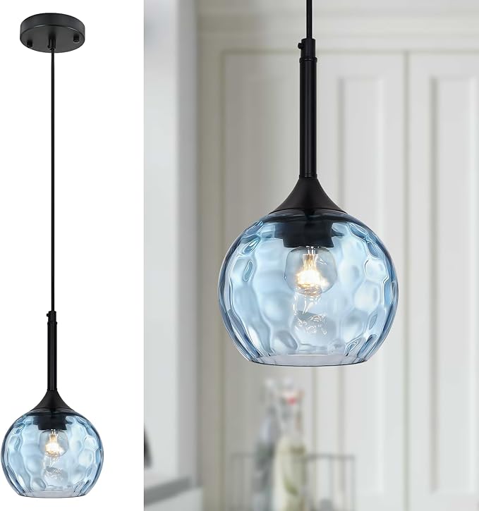 Glass Pendant Lights Kitchen Island: 5.91'' 1-Light Blue Hammered Glass Pendant Light with Black Finish - Modern Minimalist Hanging Light Fixture for Kitchen Sink Dining Room Bedroom- E26 Base