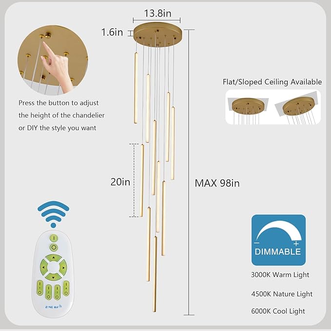HuisMier 10 Lights Gold LED Chandeliers, Modern Dimmable Staircase Chandelier for High Ceiling with Remote Control, Long Foyer Chandelier for Living Room Entryway Hallway, 3000K-6000K