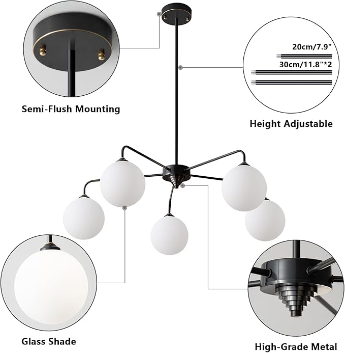 5 Light Mid Century Sputnik Chandelier with White Frosted Globe Glass Shade Pendant Lighting Fixture Living Room Large Pendant Lamp for Bedroom Kitchen Island