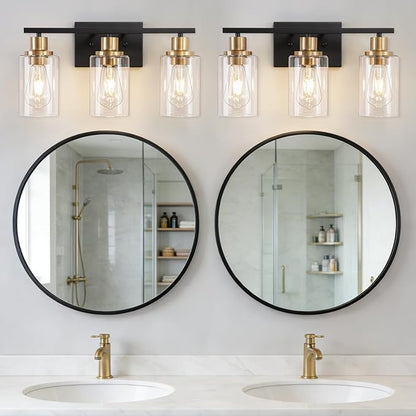 Bathroom Light Fixture Black Gold Vanity Lights Over Mirror, 3 Light Wall Sconces Lighting with Clear Glass Shades, Modern Wall Lights Wall Lamp for Mirror, Hallway Kitchen Bedroom Cabinet