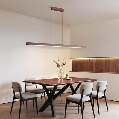 Modern Wooden Pendant Light, 47IN Walnut Wooden Chandelier with Remote Control 3000k-6500K Adjustable Color Temperature，Aluminum Island Lighting Lamp for Dining Room, Living Room