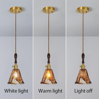 Amber Glass Vintage Pendant Light Height Adjustable Handmade Glass Pendant Lights Kitchen Island Gold Hanging Light Fixture with Wood Handle for Bedroom Dining Room Hotel (2 Pack)