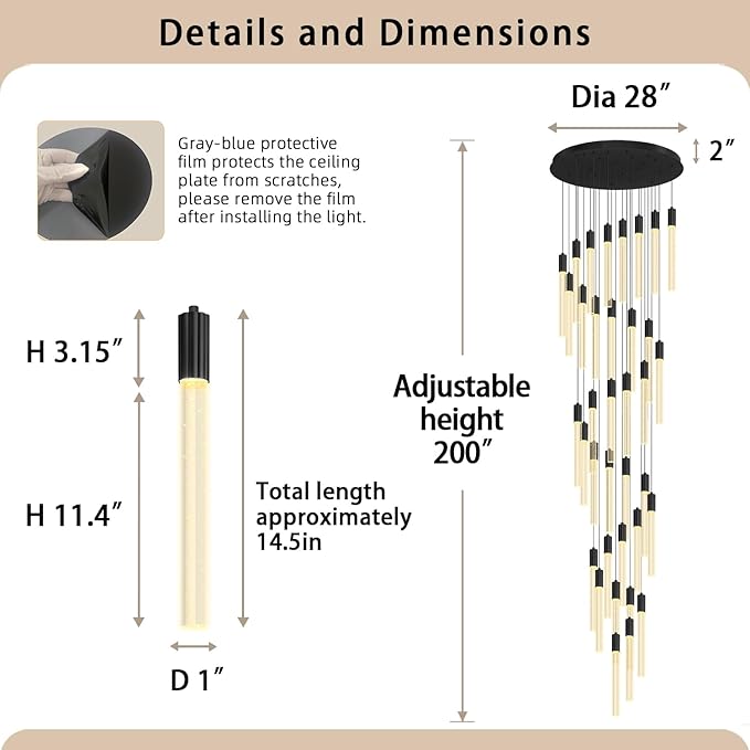 200" Extra Long Crystal Chandelier for High Ceiling 36-Light Black Crystal Column Chandeliers Modern Dimmable LED Ceiling Light for Foyer Entryway Staircase Double-Height Hotel Lobby