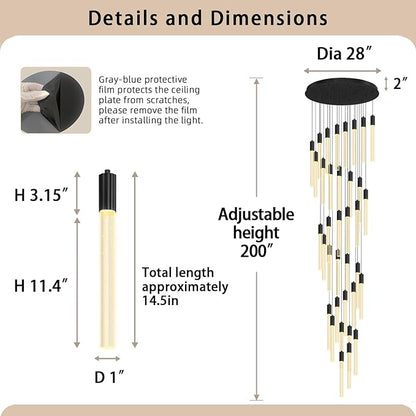 200" Extra Long Crystal Chandelier for High Ceiling 36-Light Black Crystal Column Chandeliers Modern Dimmable LED Ceiling Light for Foyer Entryway Staircase Double-Height Hotel Lobby