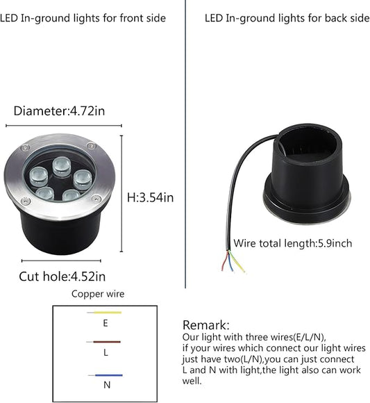 5W Outdoor Ground Lights,High Voltage 110V 120V,Diameter 4.72 inches,Waterproof Landscape Lighting Hardwired,Warm White 3000K,Recessed Underground Lamp for Patio,Pathway,Yard,Well,Pack of 4