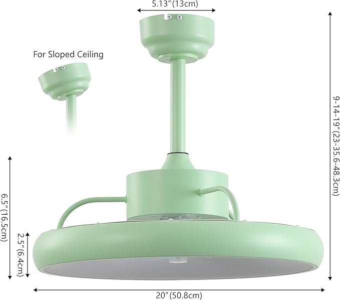 Oval AIR Loren 20" Small Smart Ceiling Fan with Light, Semi Flush Mount, Quiet 6-Speed Reversible Motor, Dimmable LED, Adjustable CCT, App & Remote Control, Scandinavian, Mint AIR8002C