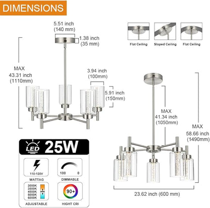 LED 5 Light Modern Chandeliers for Dining Room,Brushed Nickel Finish Hanging Lighting Fixture with Crystal Bubble Clear Glass Shade Kitchen Island for Hanging