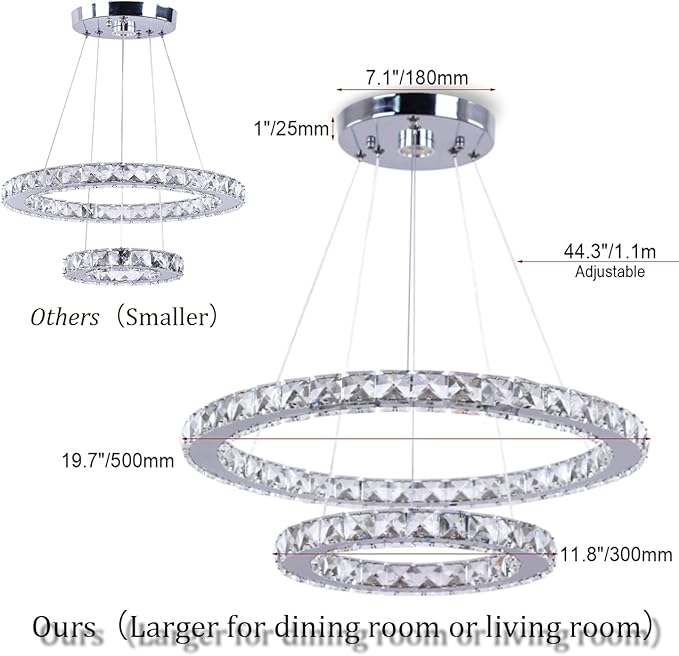 LED Modern Crystal Chandelier 19.7 x 11.8 inches Ceiling Pendant Light 2 Rings Adjustable Stainless Steel Lighting Fixtures Dining Room Living Room (White)