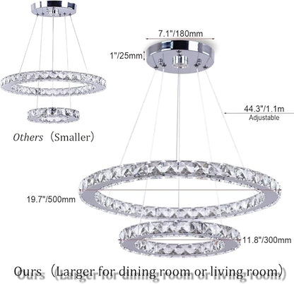 LED Modern Crystal Chandelier 19.7 x 11.8 inches Ceiling Pendant Light 2 Rings Adjustable Stainless Steel Lighting Fixtures Dining Room Living Room (White)