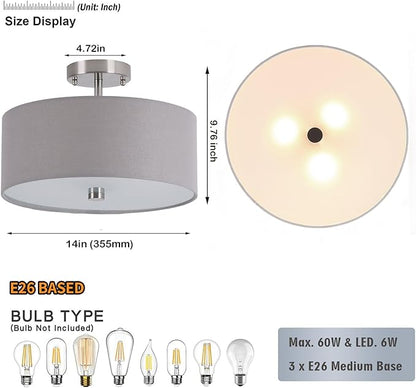 14 inch Semi Flush Mount Ceiling Light: 3-Light Modern Brushed Nickel Light Fixtures Ceiling Mount Lamp, Drum Gray Linen Shade & Glass Diffuser Perfect for Entryway Kitchen(Bulb Exclude)
