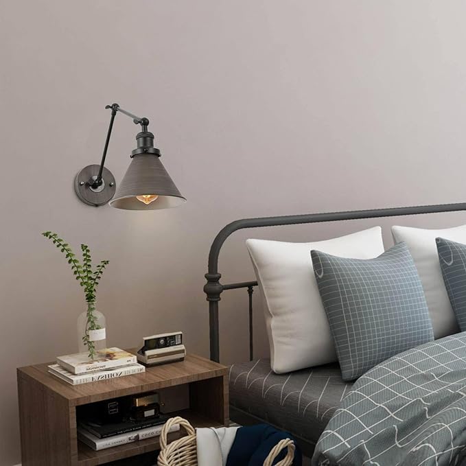 LALUZ Black Wall Sconces Lighting, Modern Swing Arm Plug-in or Hardwired Adjustable Wall Lamp with Antique Silver Finish for Bedroom, Kitchen, and Living Room