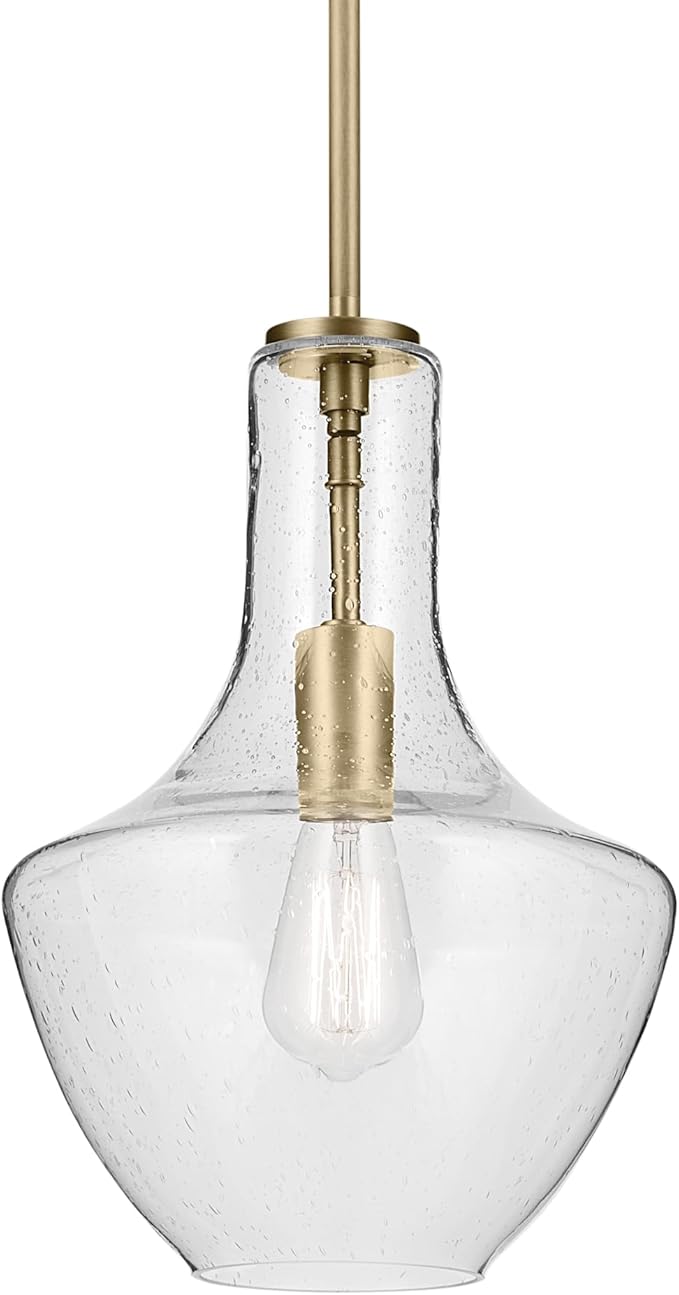 Kichler Everly 1-Light Bell Pendant Light Fixture with Clear Seeded Glass in Brushed Natural Brass for Kitchen Island, Dining Room, or Home Bar (15.25" x 10.5"), 42141NBRCS