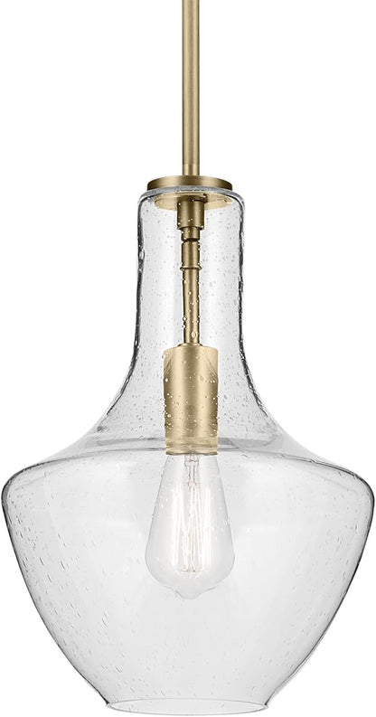 Kichler Everly 1-Light Bell Pendant Light Fixture with Clear Seeded Glass in Brushed Natural Brass for Kitchen Island, Dining Room, or Home Bar (15.25" x 10.5"), 42141NBRCS