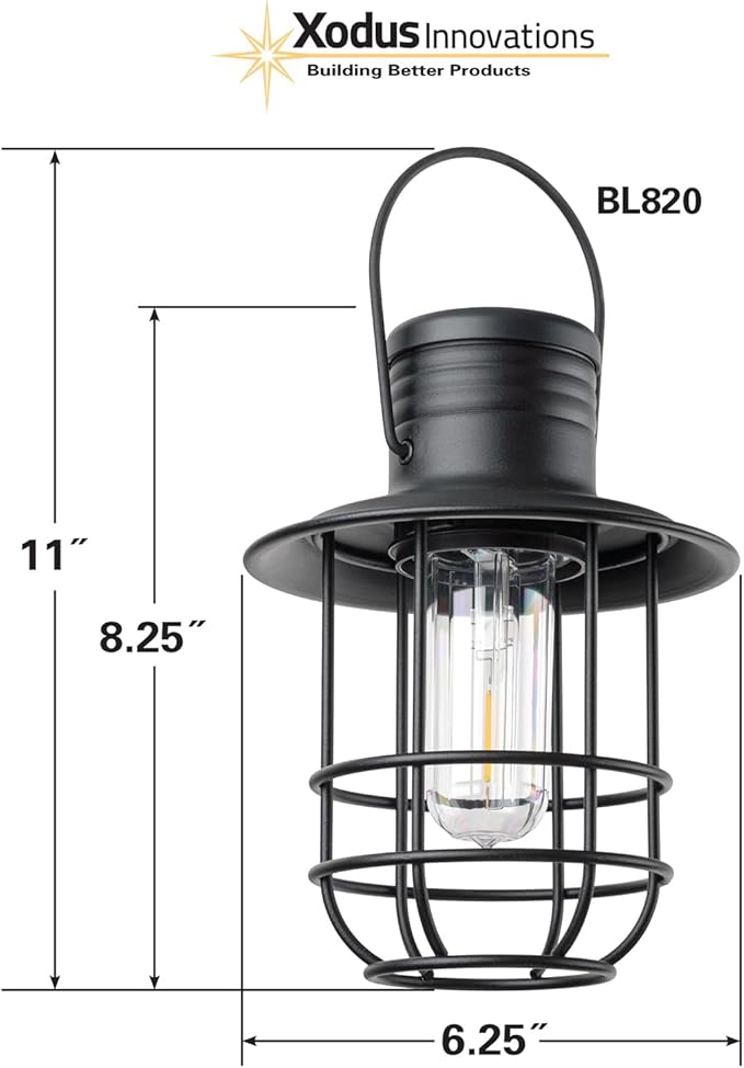 Xodus Innovations BL820 Battery-Operated LED Filament Style Lantern Outdoors Either Hanging or Standing, with Your Choice of 4, 6 or 8 Hour Automatic Timer