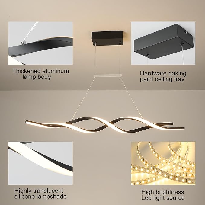 Jaycomey Modern Chandelier for Dining Room Dimmable LED Pendant Light with Remote Control, Acrylic Wave Chandeliers Adjustable Hanging Chandeliers for Bedroom Kitchen Living Room,3000K-6000K,28W,Black