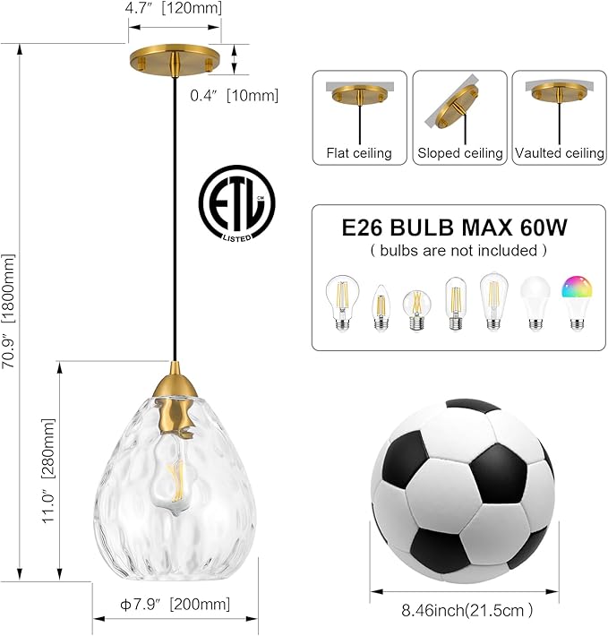 Glass Pendant Lights Kitchen Island 2 Pack,Modern Pendant Lights with Clear Hammered Glass Shade,Gold Adjustable Hanging Pendant Light fixtures for Kitchen Island Dining Room Bedroom(2 Pack)