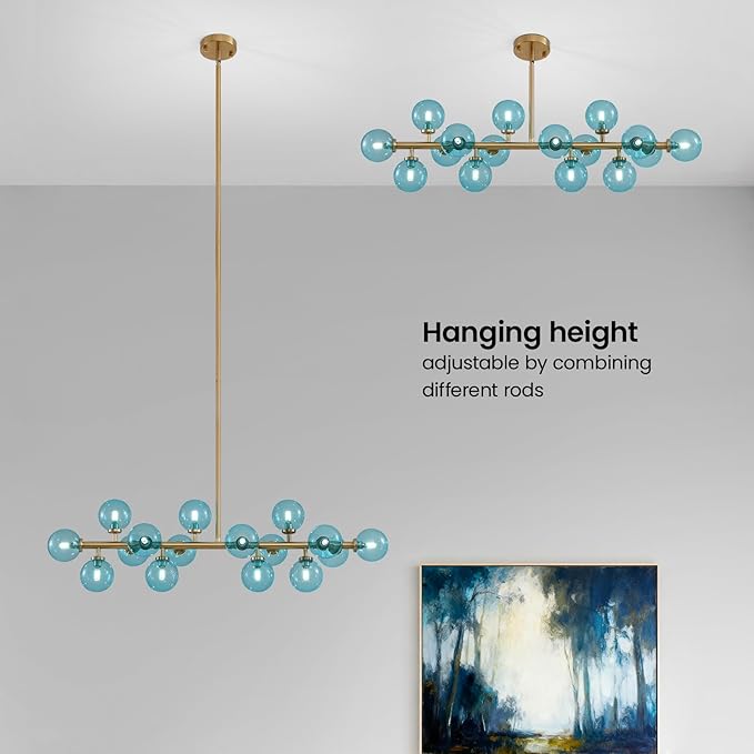 Mid Century Modern Blue Glass Gold Chandelier Rectangle Pendant Light Fixtures Linear Sputnik Chandeliers for Kitchen Island Dining Room Over Table