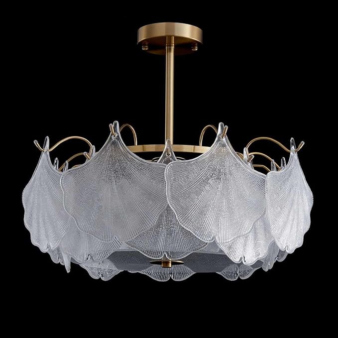 AGV LIGHTING Elegant Glass Chandelier Ceiling Light Fixture, Large Semi Flush Mount Ceiling Light, Gold Brass Finish with Frosted Glass Leaf Shades, Flush Ceiling Fixture for Bedroom, Dining Room
