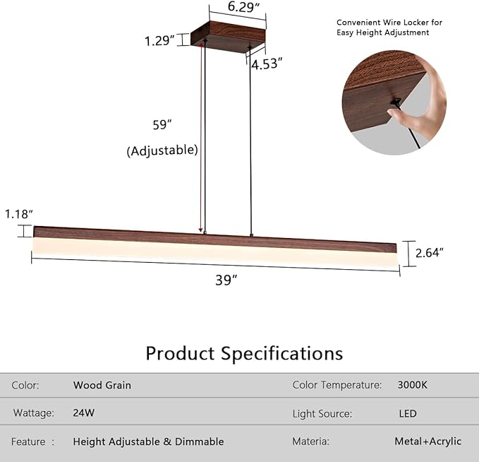 39" Modern Linear Pendant Light Dimmable LED Ceiling Hanging Light Fixtures Woodgrain Linear Chandelier with Adjustable Height for Kitchen Island Dining Room 3000K