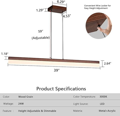 39" Modern Linear Pendant Light Dimmable LED Ceiling Hanging Light Fixtures Woodgrain Linear Chandelier with Adjustable Height for Kitchen Island Dining Room 3000K