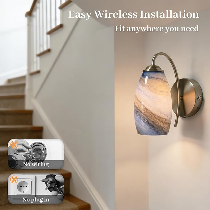 Battery Operated Modern Wall Sconce Set of 2, Rechargeable Wireless Wall Lights with Touch & Remote Control, Dimmable 3 Color Temperatures, Hand-Blown Glass for Bedroom Living Room