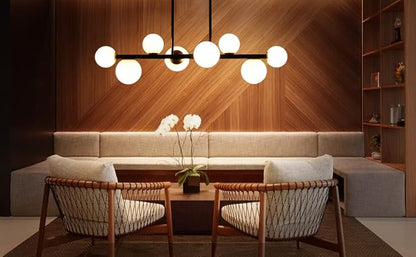 Jonsi Dining Room Light Fixture Over Table, Mid Century Chandeliers, Modern 8 Lights Globe Glass Linear Chandelier Adjustable Ceiling Hanging for Living Dining Room Kitchen Island, Black and Gold