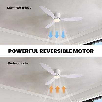 LUDOMIDE Ceiling Fans with Lights,52 Inch Low Profile Ceiling Fan with Wall Control and Remote Control,Dimmable,Flush Mount Ceiling Fan with Noiseless DC Reversible Motor for Bedroom Indoor Use