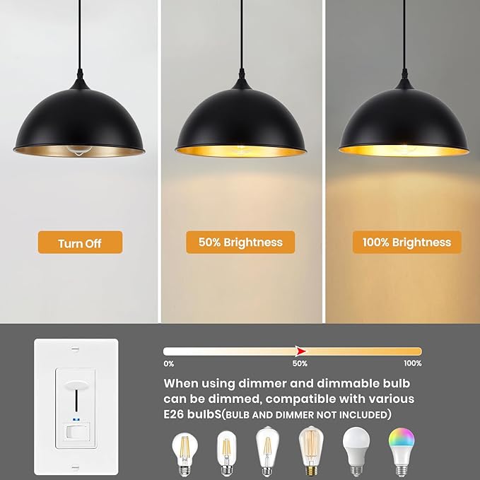 Black Pendant Lights Kitchen Island 3 Pack, 11.8" Farmhouse Pendant Lighting, Black and Glod Kitchen Light, Modern Dome Kitchen Pendant Lighting Over Island Dining Room Entryway Bar