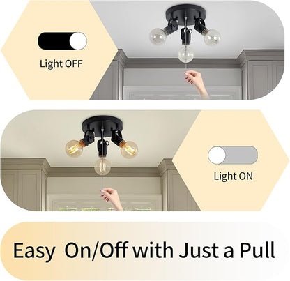 3 Light Flush Mount Ceiling Light with Pull Chain, Industrial Kitchen Ceiling with Rotatable Light Head,Black Pull Chain Spotlight for Bedroom Hallway Kitchen Laundry